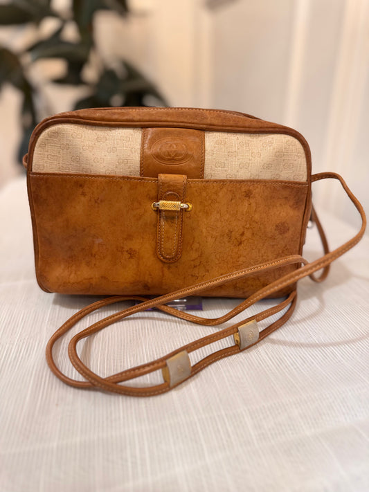 Gucci Brown Leather Monogram Crossbody Bag Vintage