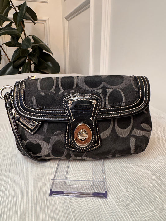 Coach Black and Gray Monogram Canvas Small Wristlet Clutch Bag